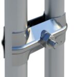 Metal U-bolt clamp securing two vertical poles with a threaded bolt and nut.