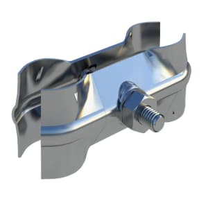 Metal mounting clamp with a threaded bolt and nut, used to secure a pipe or conduit to a surface.