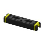 Isometric view of a black rectangular modular component with yellow end caps and multiple holes, likely a battery holder or connector block.