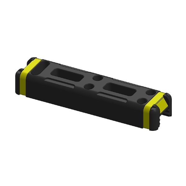 Isometric view of a black rectangular modular component with yellow end caps and multiple holes, likely a battery holder or connector block.
