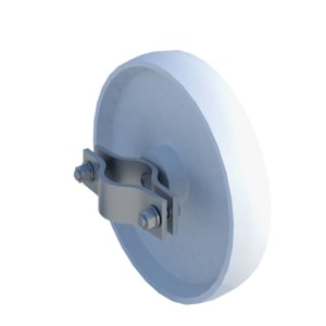Round blue-gray pulley wheel with a metal mounting bracket and bolts