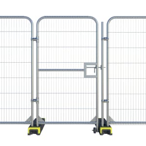 Modular metal crowd-control barrier with wheels, connected to form a continuous fence, including a small central gate panel.